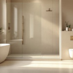 Modern gestaltetes Badezimmer mit freistehender Badewanne, Glastür zur ebenerdigen Dusche, aufgehängtem WC und dezenten Accessoires, alle Wände und Böden in warmen, einheitlichen Farbtönen mit hochwertiger Kalkputz Sanierung versehen.