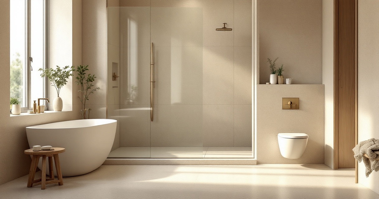Modern gestaltetes Badezimmer mit freistehender Badewanne, Glastür zur ebenerdigen Dusche, aufgehängtem WC und dezenten Accessoires, alle Wände und Böden in warmen, einheitlichen Farbtönen mit hochwertiger Kalkputz Sanierung versehen.