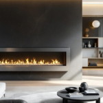 Modernes Wohnzimmer mit einem großen, wandhängenden Gas-Kamin, umgeben von einer dunklen Wand, und zwei weißen Sofas, die mit Kissen und Decken ausgestattet sind, repräsentiert stilvolle Kamine und Heizlösungen in einem eleganten Ambiente.