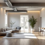 Helles und großzügig eingerichtetes Wohnzimmer mit moderner Möblierung und sichtbaren Lüftungsrohren an der Decke, Beispiel für stilvolles Keller renovieren.