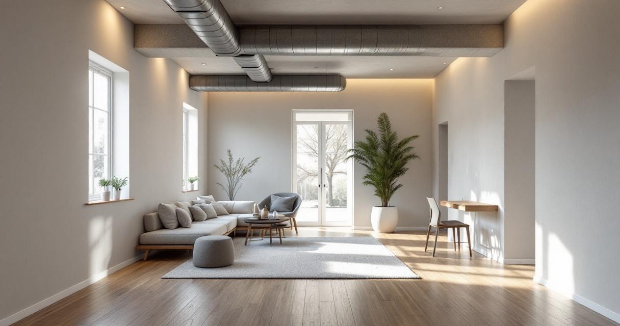 Helles und großzügig eingerichtetes Wohnzimmer mit moderner Möblierung und sichtbaren Lüftungsrohren an der Decke, Beispiel für stilvolles Keller renovieren.