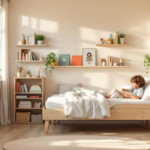 Helles, gemütliches Kinderzimmer mit natürlich wirkenden Holzmöbeln, vielen Pflanzen und einem Kind, das auf dem Bett malt, perfekt für Kinderzimmer gestalten Mitwachsend kreativ.