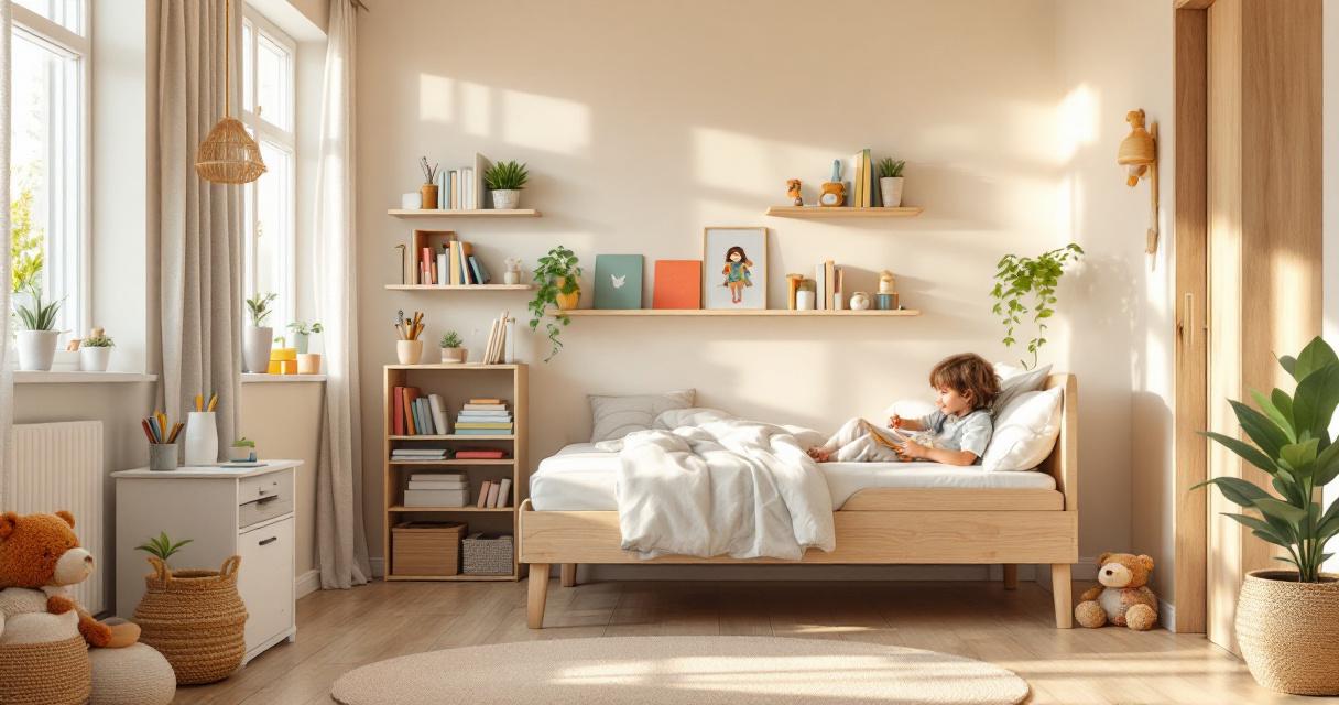 Helles, gemütliches Kinderzimmer mit natürlich wirkenden Holzmöbeln, vielen Pflanzen und einem Kind, das auf dem Bett malt, perfekt für Kinderzimmer gestalten Mitwachsend kreativ.