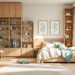 Helles und einladendes Kinderzimmer mit Möbeln aus hellem Holz, Pflanzen und viel natürlichem Licht, ideal für Kinderzimmer Holz Renovierung Tipps zur Gestaltung eines gemütlichen und funktionalen Raumes.