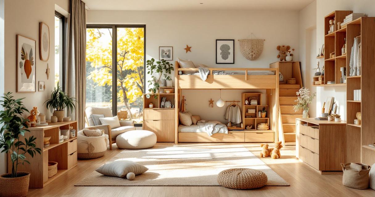 Helles und gemütlich eingerichtetes Kinderzimmer aus Holz mit viel natürlichem Licht und stilvoller Kinderzimmer Holz Renovierung, die eine warme und einladende Atmosphäre schafft.