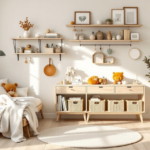 Helles und gemütliches Kinderzimmer Holzdesign mit einem Holzbett, sanften Textilien, einem Sideboard mit Körben, hängenden Regalen und dekorativen Pflanzen in einer warmen, einladenden Atmosphäre.