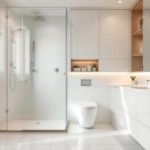 Modernes, helles Bad mit freistehender Dusche, wandhängendem WC und großzügigem Waschplatz in Weiß und Holzakzenten, umgesetzt für Kleine Badezimmer optimal gestalten.