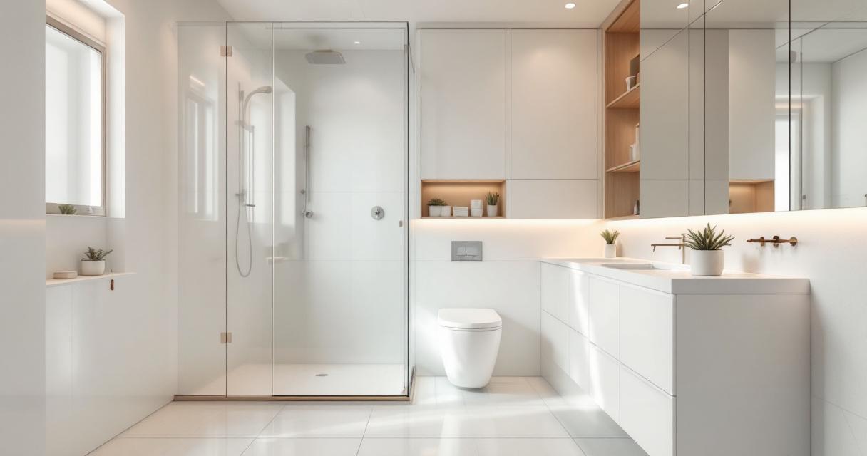 Modernes, helles Bad mit freistehender Dusche, wandhängendem WC und großzügigem Waschplatz in Weiß und Holzakzenten, umgesetzt für Kleine Badezimmer optimal gestalten.