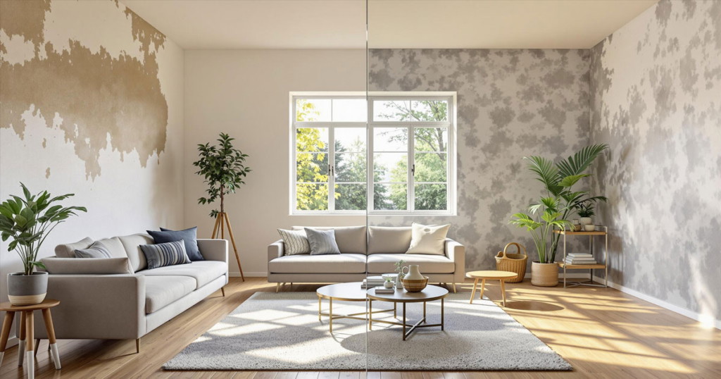 Ein modernes Wohnzimmer mit zwei verschiedenen Wandgestaltungen als Renovierungskonzept.