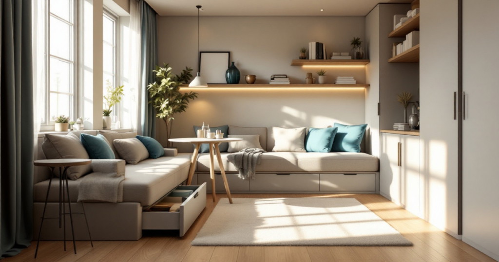 Helles und modern eingerichtetes Wohnzimmer mit integriertem Stauraum unter der Sitzbank, offenen Regalen mit dekorativen Elementen und großen Fenstern, kreative ideen für kleine räume zeigen sich in der optimalen Nutzung des Platzes und der harmonischen Farbgestaltung.