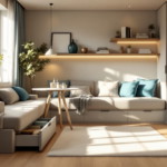 Helles und modern eingerichtetes Wohnzimmer mit integriertem Stauraum unter der Sitzbank, offenen Regalen mit dekorativen Elementen und großen Fenstern, kreative ideen für kleine räume zeigen sich in der optimalen Nutzung des Platzes und der harmonischen Farbgestaltung.