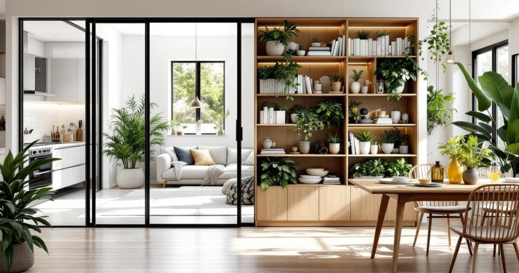 Heller Wohnraum mit Naturholzregal voller Pflanzen und Bücher als Kreative Raumteiler, angrenzend Essbereich mit Holztisch und Stühlen sowie moderner, offener Küche und gemütlichem Wohnzimmer mit Sofa und großen Fenstern.