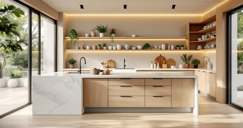 Moderne Küche ohne Oberschränke mit freistehender Kücheninsel aus hellem Holz und Marmor, Akzentbeleuchtung unter schwebenden Regalen mit Pflanzen und Geschirr, umgeben von bodentiefen Fenstern, die viel Tageslicht hereinlassen.