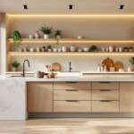 Moderne Küche ohne Oberschränke mit freistehender Kücheninsel aus hellem Holz und Marmor, Akzentbeleuchtung unter schwebenden Regalen mit Pflanzen und Geschirr, umgeben von bodentiefen Fenstern, die viel Tageslicht hereinlassen.