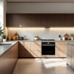 Moderne Küche mit U-förmigen Küchenfronten recycelte Materialien in natürlichem Holzton und dunklen Oberschränken, großer Kochinsel und vielen Pflanzen, die ein helles und nachhaltiges Ambiente schaffen.