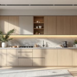 Helle moderne Küche mit minimalistischen Holzelementen, integriertem Herd, Spüle und modernen Geräten, umgeben von großen Fenstern mit Blick ins Grüne, ein stilvolles Beispiel für Küchenmodernisierung Ideen.
