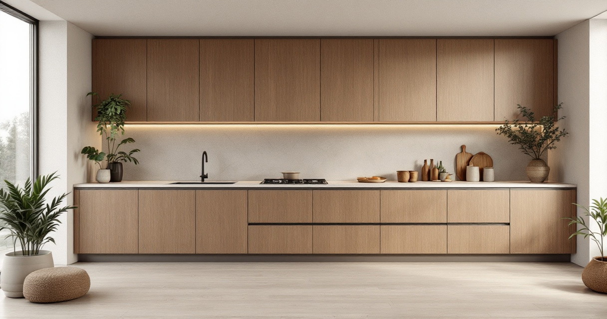 Helle und minimalistische Küche mit matten Holzfronten und integrierter LED-Beleuchtung unter den Oberschränken, pflanzlicher Dekoration und modernen Armaturen als Beispiel für Küchenmodernisierung kompakt.