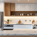 Moderne Küche mit weißfrontigen Schränken, holzverkleideten Oberschränken und einer Kücheninsel mit Marmorarbeitsplatte, Edelstahl-Großraumkühlschrank, eingebauter Spüle und Gasherd, gestaltet mit Pflanzen und Küchenutensilien als stilvolle Küchenplanungstipps.