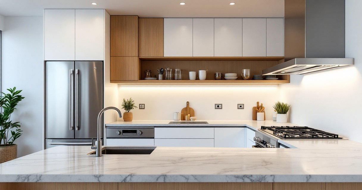 Moderne Küche mit weißfrontigen Schränken, holzverkleideten Oberschränken und einer Kücheninsel mit Marmorarbeitsplatte, Edelstahl-Großraumkühlschrank, eingebauter Spüle und Gasherd, gestaltet mit Pflanzen und Küchenutensilien als stilvolle Küchenplanungstipps.