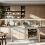 Helle und moderne Küche mit Holzfronten, integriertem Esstisch und Pflanzen, die durch großes Fenster viel Tageslicht erhält, beispielhaft für eine gelungene Küchenrenovierung kleine Räume.