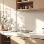 Helle und moderne Küche mit minimalistischer Gestaltung, klaren Linien und natürlichem Holz, die Küchenrückwand modernisieren durch schlichte, helle Oberfläche, die das Sonnenlicht sanft wiedergibt.