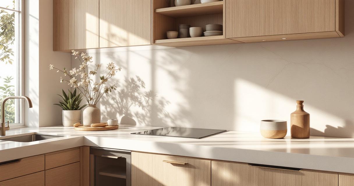 Helle und moderne Küche mit minimalistischer Gestaltung, klaren Linien und natürlichem Holz, die Küchenrückwand modernisieren durch schlichte, helle Oberfläche, die das Sonnenlicht sanft wiedergibt.