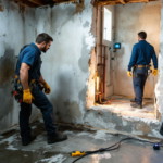 Zwei Techniker bei der Leckortung Sanitärservice untersuchen einen feuchten und beschädigten Raum mit moderner Mess- und Diagnosetechnik zur Lokalisierung von Wasserschäden.