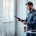 Ein Fachmann untersucht feuchte Stellen an einer Wand mit Messgeräten, um Lecks präzise aufzuspüren, was den Leckortung Sanitärservice anschaulich demonstriert.