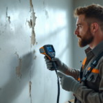 Handwerker mit moderner Wärmebildkamera untersucht beschädigte Wand im Innenraum im Rahmen eines Leckortung Service.