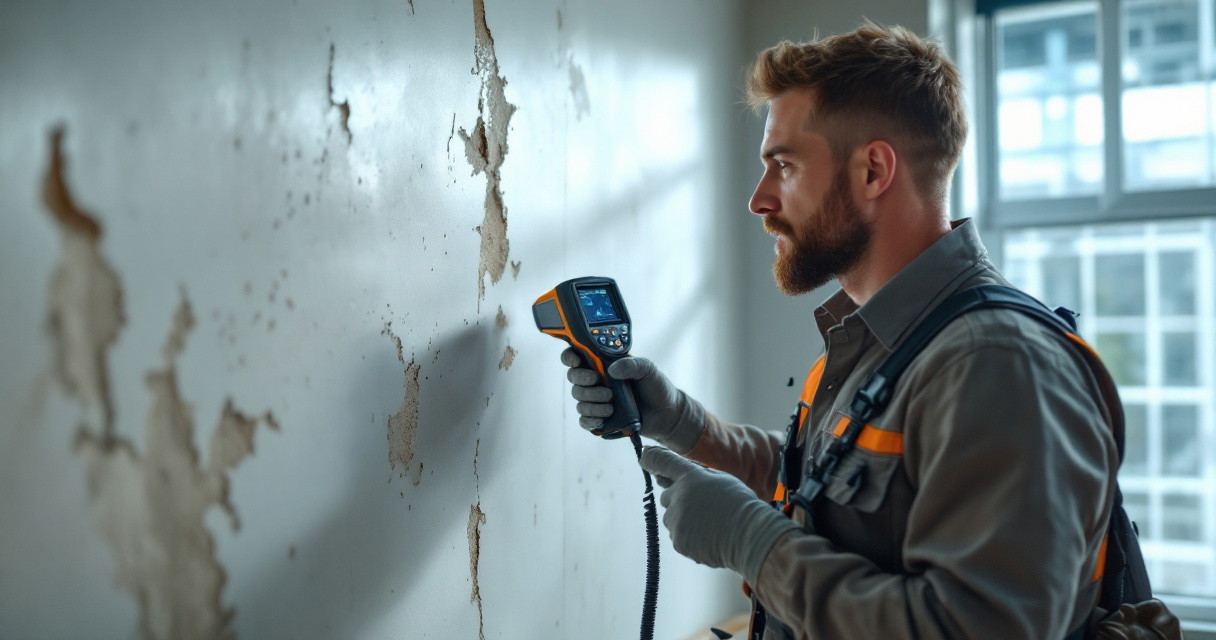 Handwerker mit moderner Wärmebildkamera untersucht beschädigte Wand im Innenraum im Rahmen eines Leckortung Service.