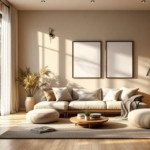 Modern eingerichtetes Wohnzimmer mit beigem Sofa, runden Sitzkissen, Holzfußboden und großen Fenstern, die sanftes Tageslicht hereinlassen, ergänzt durch dezente Wand- und Regalbeleuchtung – Lichtkonzepte für ein gemütliches Zuhause.