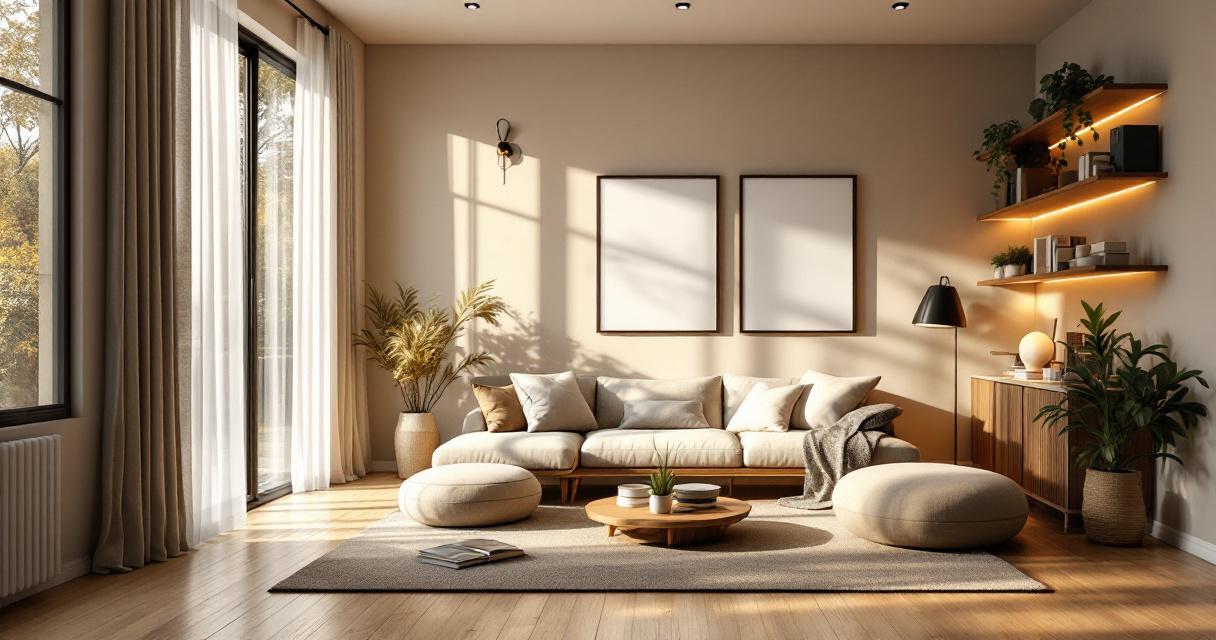 Modern eingerichtetes Wohnzimmer mit beigem Sofa, runden Sitzkissen, Holzfußboden und großen Fenstern, die sanftes Tageslicht hereinlassen, ergänzt durch dezente Wand- und Regalbeleuchtung – Lichtkonzepte für ein gemütliches Zuhause.