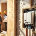 Nahaufnahme einer elektrischen Schalterinstallation in einer Wand mit aufgetragenem Dämmmaterial, im Hintergrund zwei Bauarbeiter mit Schutzhelmen bei der Besprechung von Bauplänen, Darstellung einer Luftdichte Elektroinstallation Wohngebäude.
