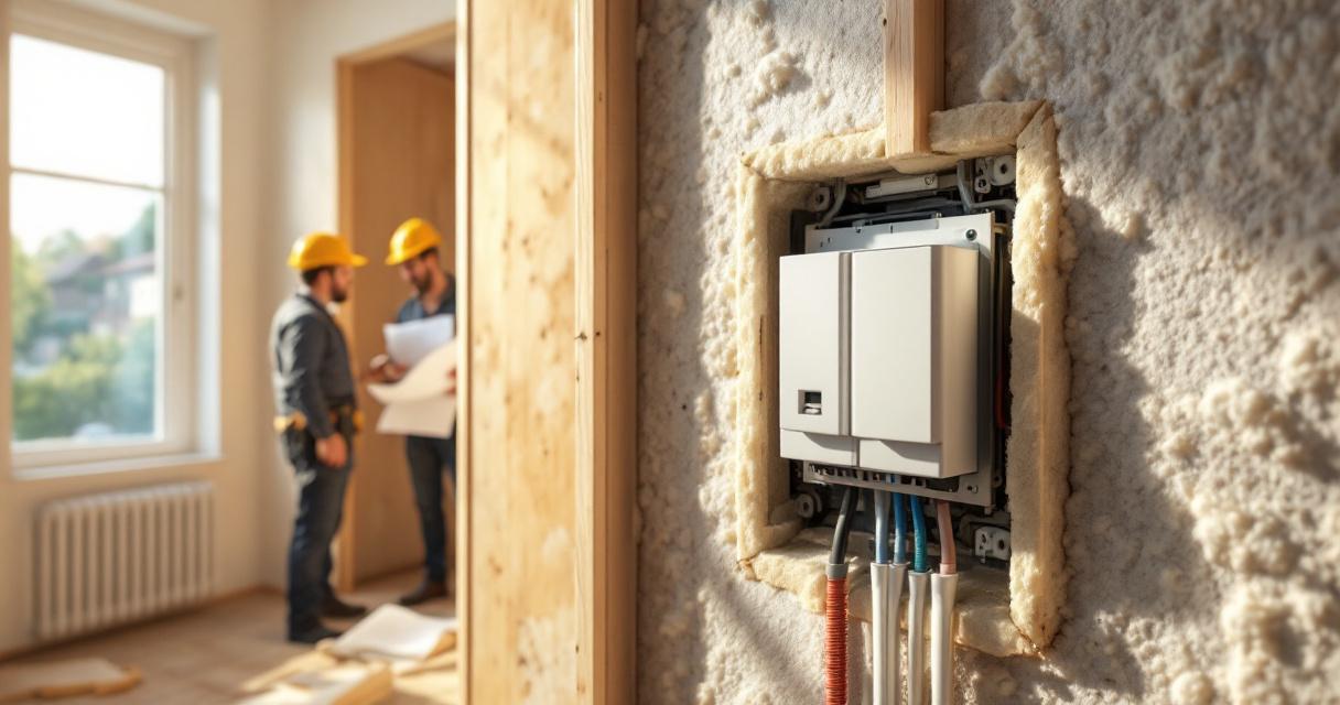 Nahaufnahme einer elektrischen Schalterinstallation in einer Wand mit aufgetragenem Dämmmaterial, im Hintergrund zwei Bauarbeiter mit Schutzhelmen bei der Besprechung von Bauplänen, Darstellung einer Luftdichte Elektroinstallation Wohngebäude.