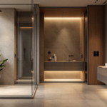 Luxusbad Umbau mit großzügiger begehbarer Dusche aus Glas, warmen Holz- und Steinakzenten sowie modern integrierter indirekter Beleuchtung für eine elegante und komfortable Atmosphäre.