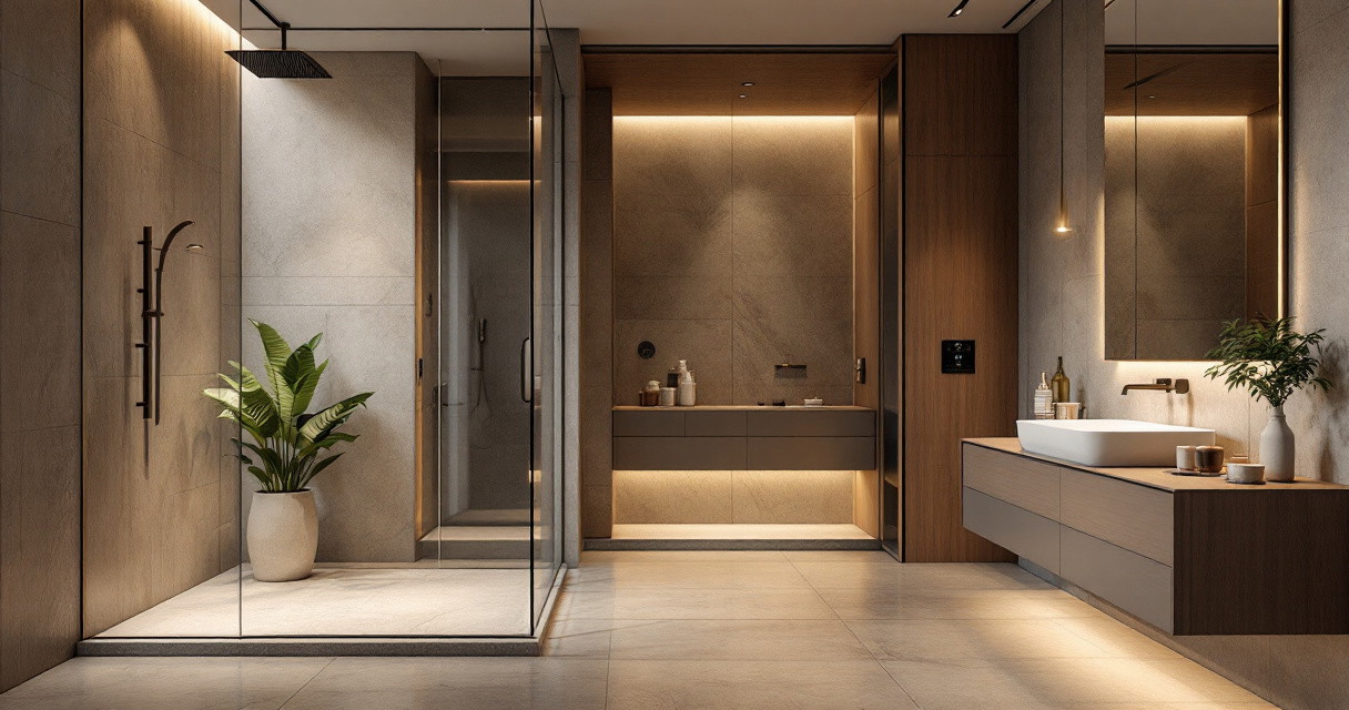 Luxusbad Umbau mit großzügiger begehbarer Dusche aus Glas, warmen Holz- und Steinakzenten sowie modern integrierter indirekter Beleuchtung für eine elegante und komfortable Atmosphäre.
