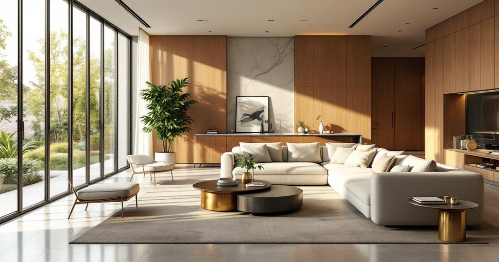 Großzügiges Wohnzimmer mit bodentiefen Fenstern und eleganter Einrichtung, die durch Luxusrenovierung hochwertige Materialien individuelle Lösungen vereint, schafft eine harmonische und einladende Atmosphäre.