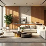 Großzügiges Wohnzimmer mit bodentiefen Fenstern und eleganter Einrichtung, die durch Luxusrenovierung hochwertige Materialien individuelle Lösungen vereint, schafft eine harmonische und einladende Atmosphäre.