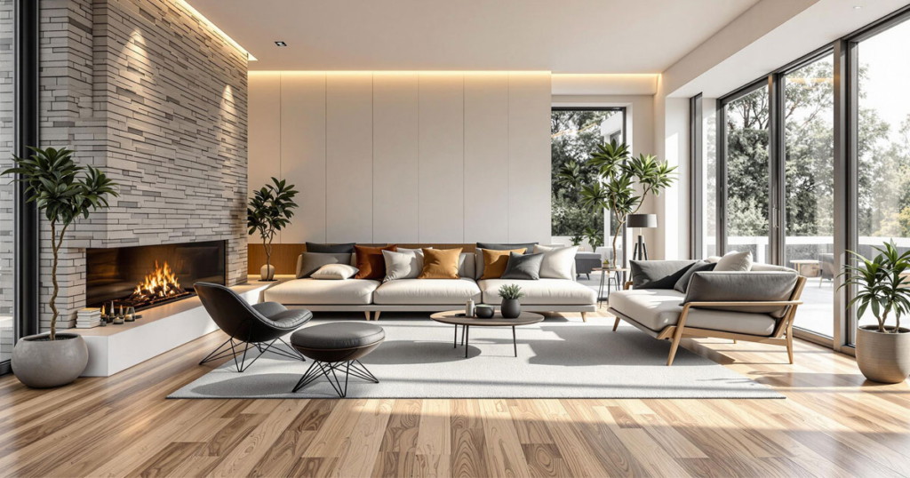 Materialwahl-Wohnzimmer Ein modernes Wohnzimmer mit stilvoller Materialwahl, das die Bedeutung hochwertiger Materialien für eine gelungene Renovierung zeigt.