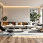Materialwahl-Wohnzimmer Ein modernes Wohnzimmer mit stilvoller Materialwahl, das die Bedeutung hochwertiger Materialien für eine gelungene Renovierung zeigt.