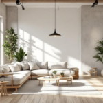 Helles Wohnzimmer im Stil Minimalistisch skandinavisch industriell mit großen Fenstern, beigem Ecksofa, runden Holztischen, vielen grünen Pflanzen und hellem Holzboden, das eine freundliche und natürliche Atmosphäre schafft.