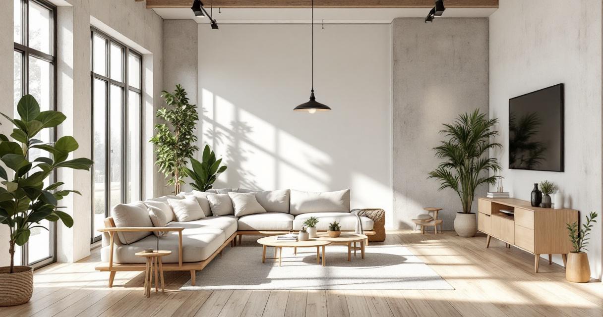 Helles Wohnzimmer im Stil Minimalistisch skandinavisch industriell mit großen Fenstern, beigem Ecksofa, runden Holztischen, vielen grünen Pflanzen und hellem Holzboden, das eine freundliche und natürliche Atmosphäre schafft.