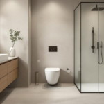 Minimalistische Sanitärinstallation Bad mit schwebendem Holzmöbel, beleuchtetem Spiegel, einer weißen Keramikwaschschale, wandhängendem WC und einer Glas-Duschkabine mit schwarzem Duschsystem in einem hellen, modern gestalteten Badezimmer.