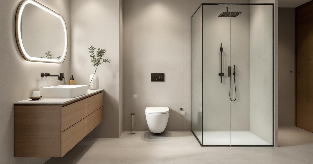 Minimalistische Sanitärinstallation Bad mit schwebendem Holzmöbel, beleuchtetem Spiegel, einer weißen Keramikwaschschale, wandhängendem WC und einer Glas-Duschkabine mit schwarzem Duschsystem in einem hellen, modern gestalteten Badezimmer.