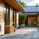 Moderne Heizsysteme mit Wärmepumpe und Solarpaneelen an einem nachhaltigen, energieeffizienten Holzhaus in einem gepflegten Garten.