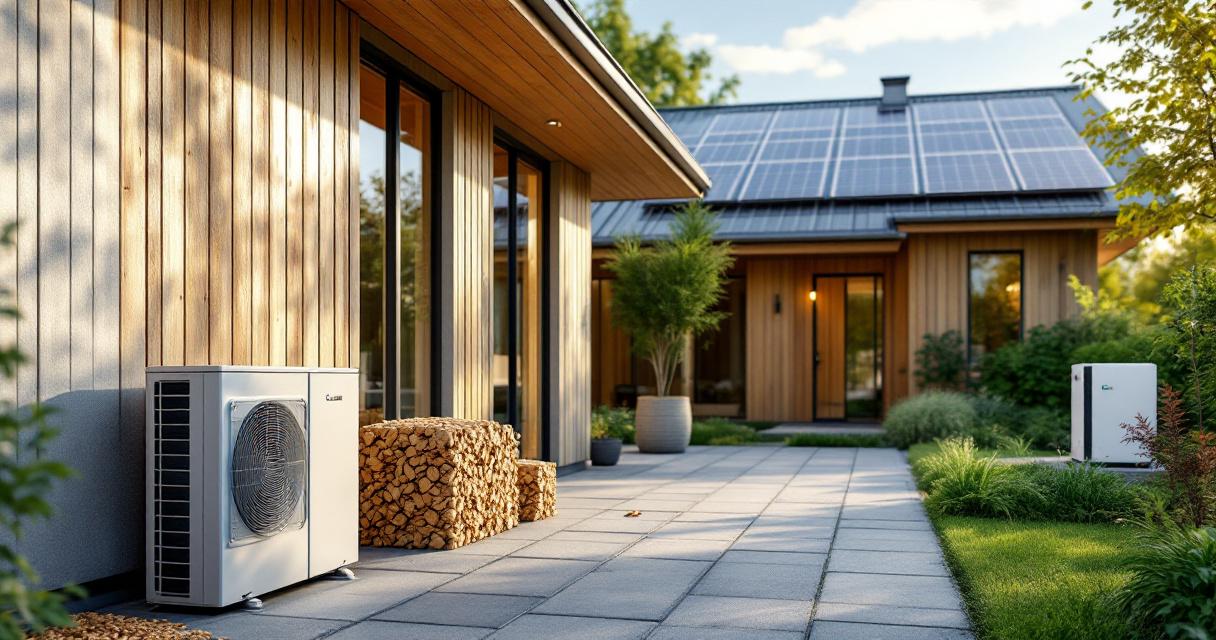 Moderne Heizsysteme mit Wärmepumpe und Solarpaneelen an einem nachhaltigen, energieeffizienten Holzhaus in einem gepflegten Garten.