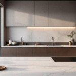 Großzügige moderne küchenarbeitsplatten design mit hellem Marmorfinish in einer eleganten Küche, ausgestattet mit integrierter Spüle, Kochfeld und minimalistischen Möbeln vor bodentiefen Fenstern mit Stadtblick.