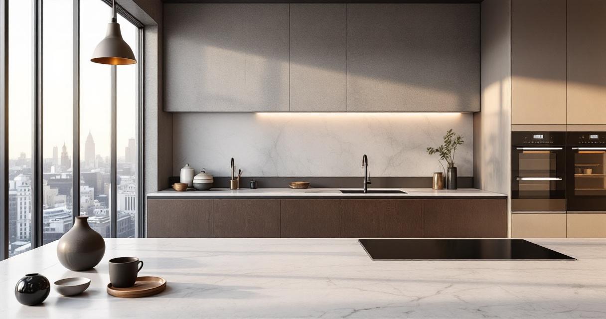 Großzügige moderne küchenarbeitsplatten design mit hellem Marmorfinish in einer eleganten Küche, ausgestattet mit integrierter Spüle, Kochfeld und minimalistischen Möbeln vor bodentiefen Fenstern mit Stadtblick.