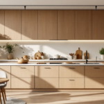 Helle, minimalistische Küche aus hellem Holz mit eleganter Arbeitsfläche, integrierten Elektrogeräten und warmem Licht, ergänzt durch Pflanzen und einen kleinen runden Tisch mit Stühlen, eine moderne Küchenplanung.