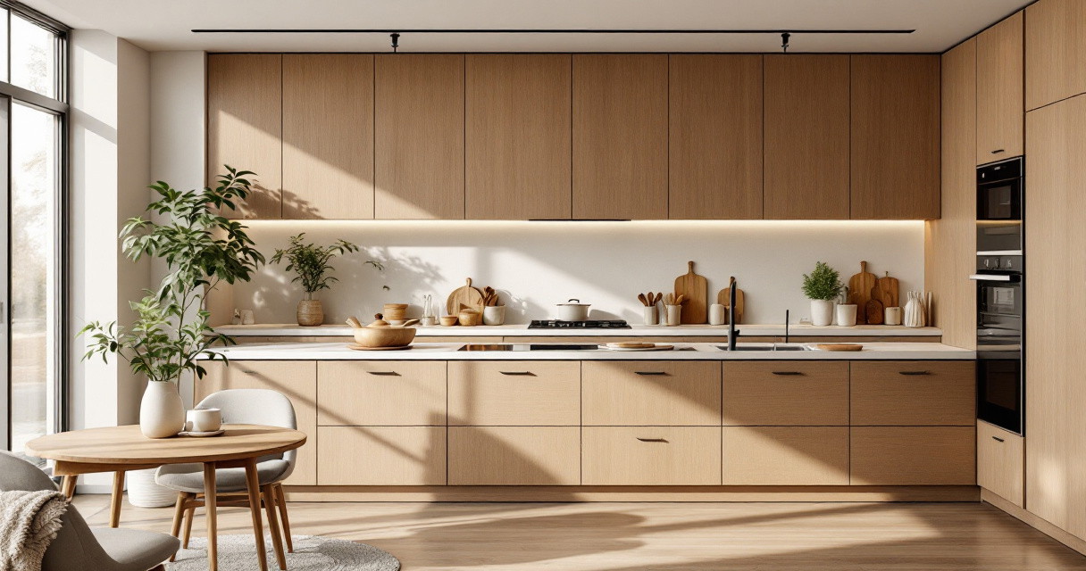 Helle, minimalistische Küche aus hellem Holz mit eleganter Arbeitsfläche, integrierten Elektrogeräten und warmem Licht, ergänzt durch Pflanzen und einen kleinen runden Tisch mit Stühlen, eine moderne Küchenplanung.